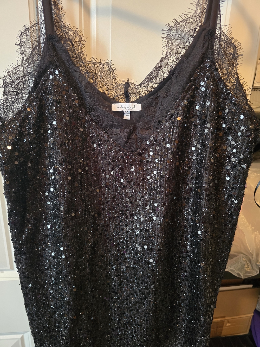 white birch Black Sequin Lace Trim Camisole